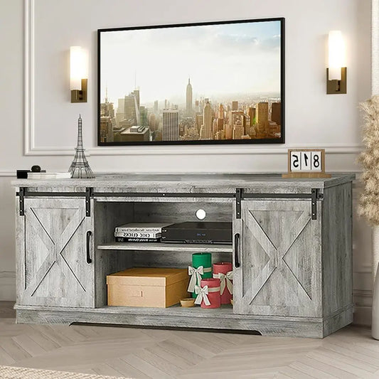 Rustic Grey 65 TV Stand with Storage and Barn Door Table for Living Room Entertainment