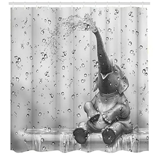 African Elephant Shower Curtain Funny Elephant Taking Shower Bathroom Curtain Cute Wild Animal on Raindrop Background Bath Curtain