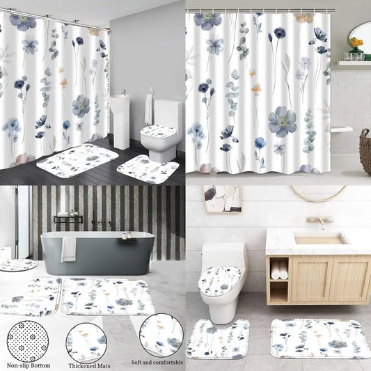 4pcs watercolor flower shower curtain set with non-slip rugs, toilet lid cover and bath mat, modern minimalist floral shower curtain