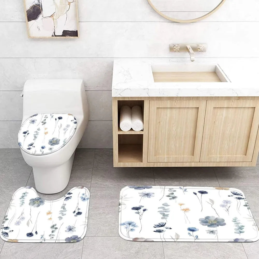 4pcs watercolor flower shower curtain set with non-slip rugs, toilet lid cover and bath mat, modern minimalist floral shower curtain