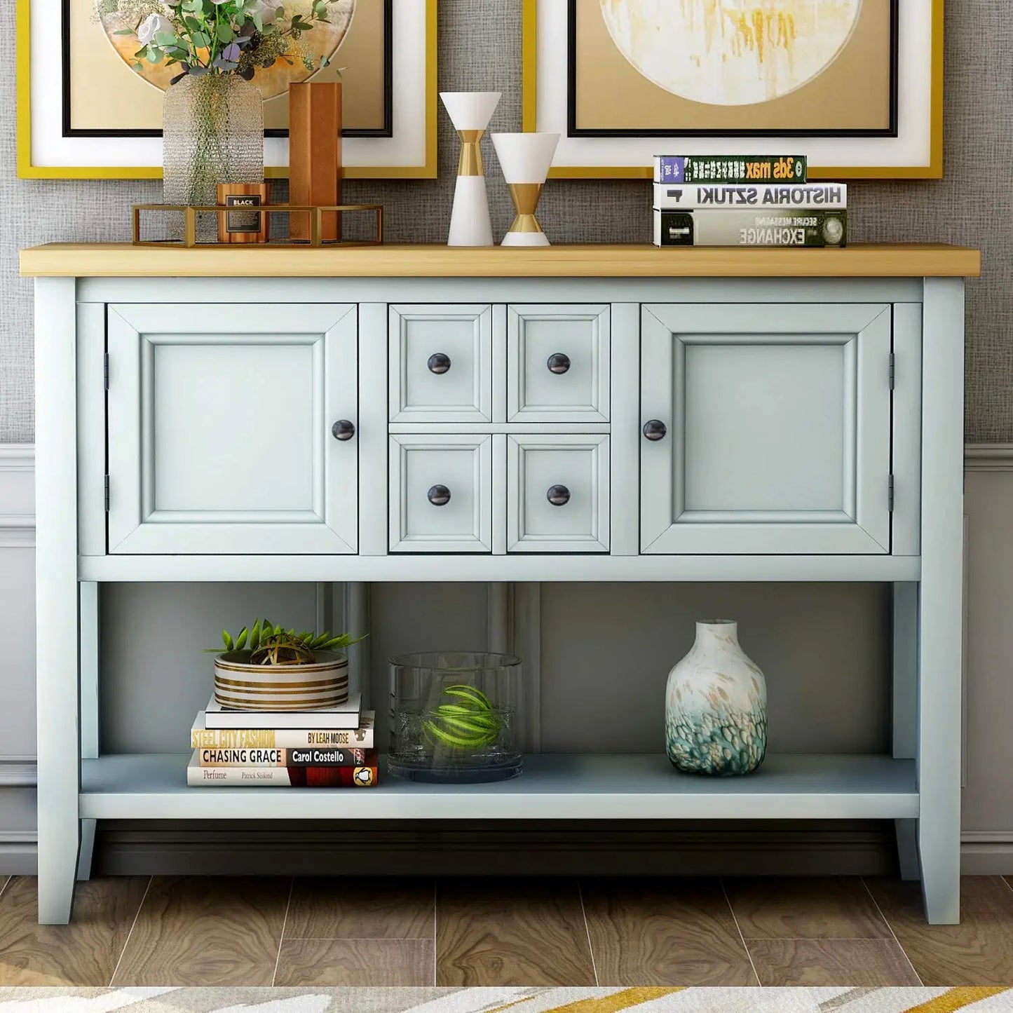 Modern Wood Buffet Sideboard with Drawers and Bottom Shelf Console Table for Living Room Dinning Room Kitchen Lime,