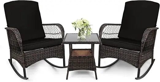 3 pcs Rocking Bistro Set Conversation Chairs PE Wicker Outdoor Rocking Chairs & Glass Table,for Porch Lawn Garden Backyard Deck