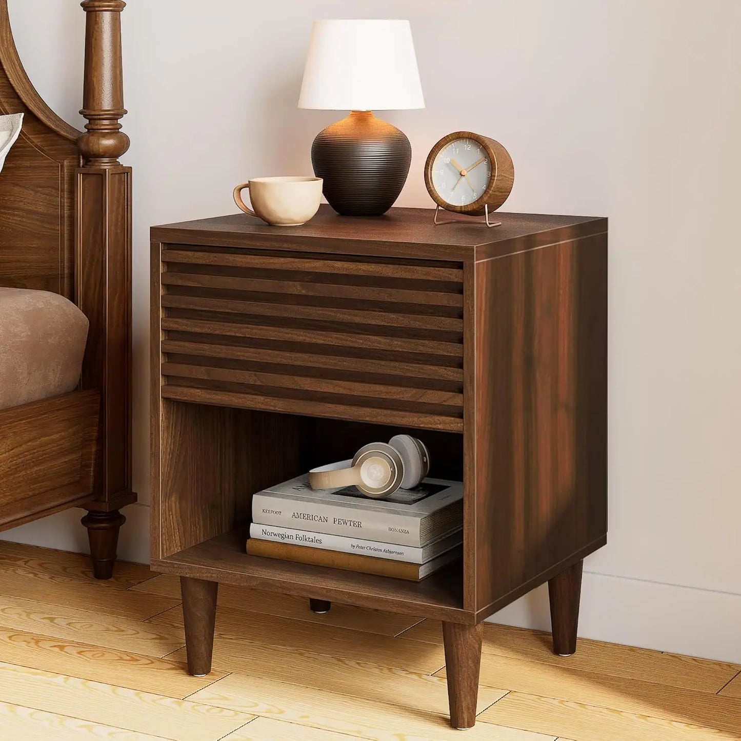 Mid Century Modern Nightstand, Fluted Night Stand, Wood Bedside Table with Drawer and Cube Storage for Bedroom, Side Accent End