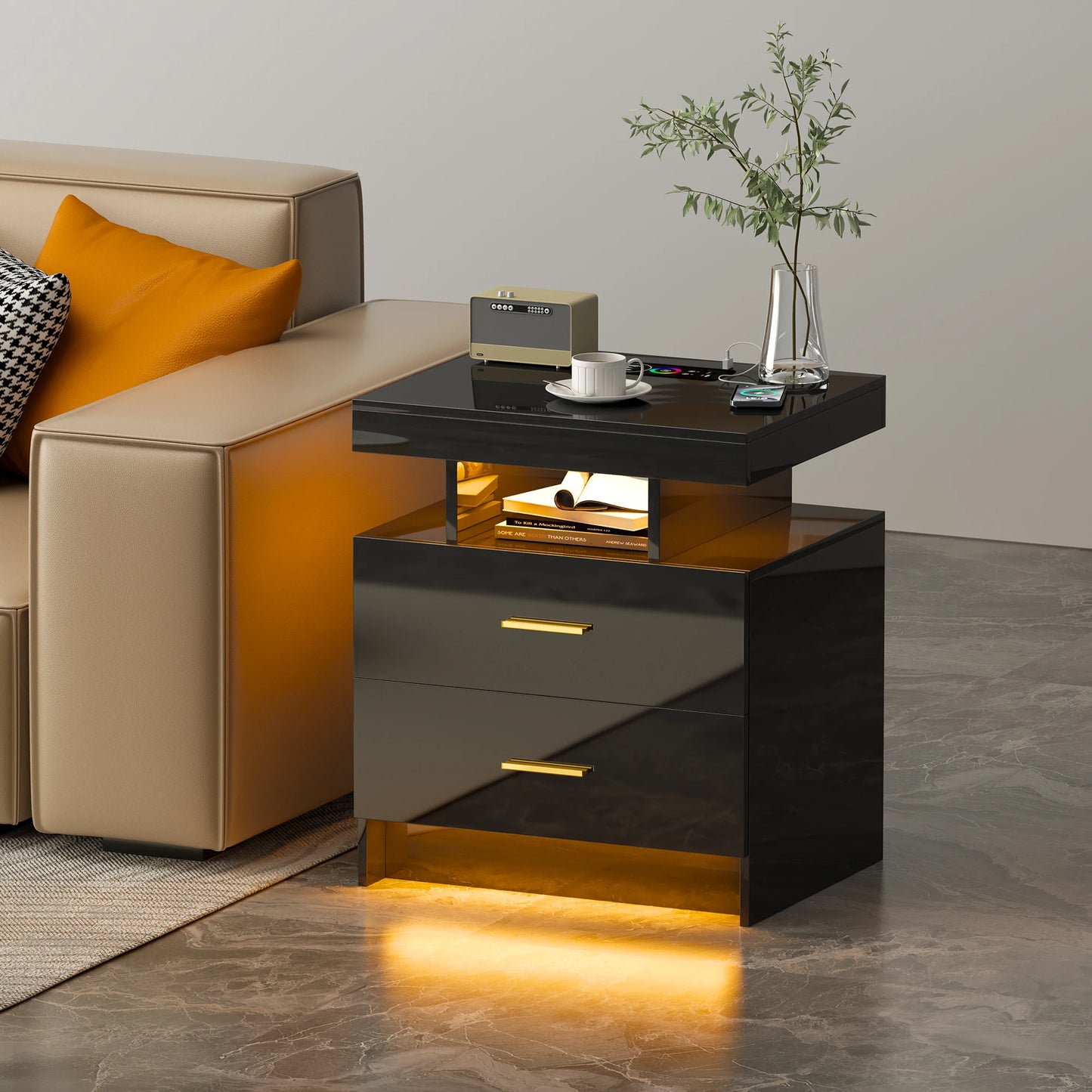 JDPAG LED Nightstand, RGB Black Night Stand with USB/Wireless Charging Station, Modern Bedside Table has Auto Sensor RGB Lights