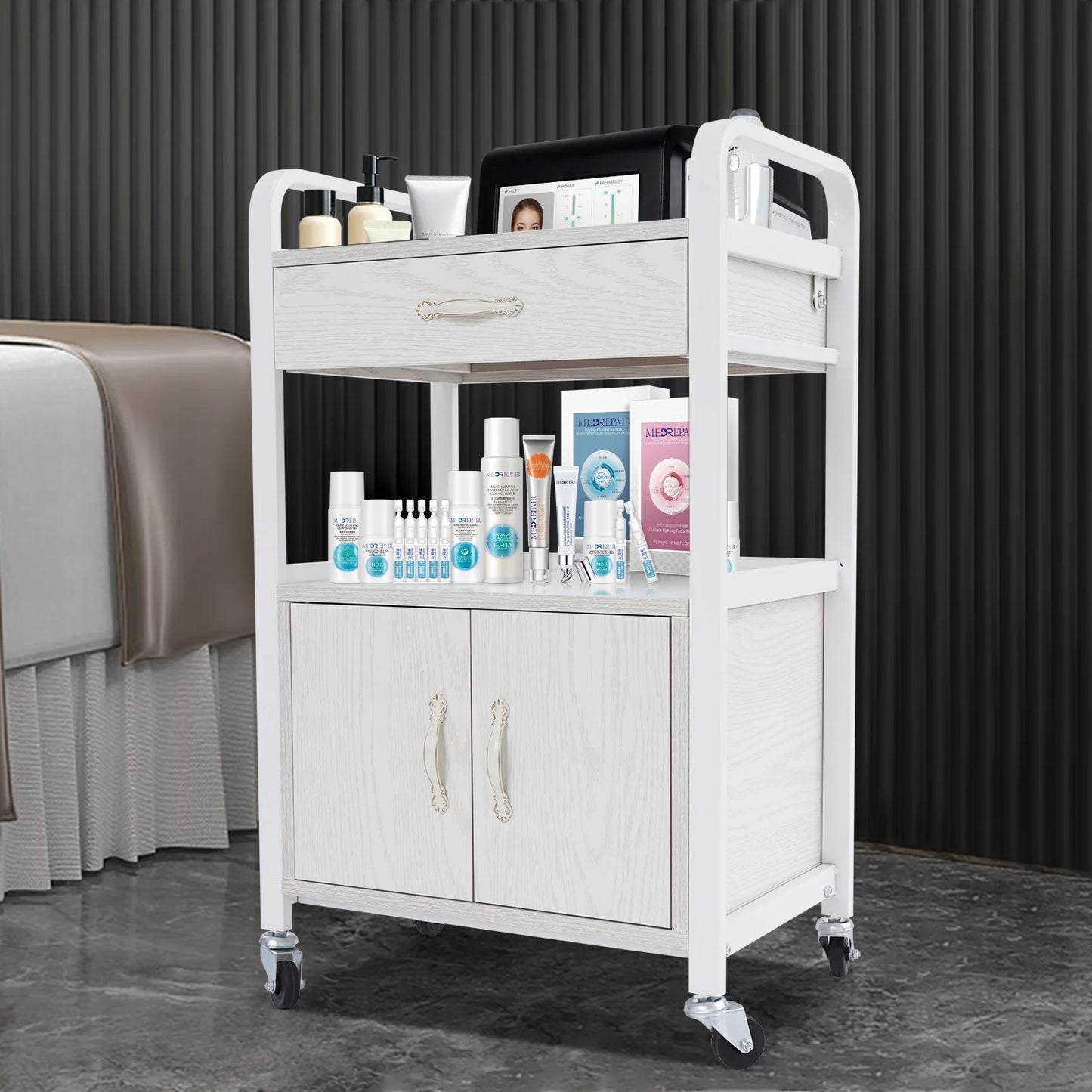 Salon High-density Wood Panels Storage Cart,White Rectangle Free Standing Movable Beauty Organizer
