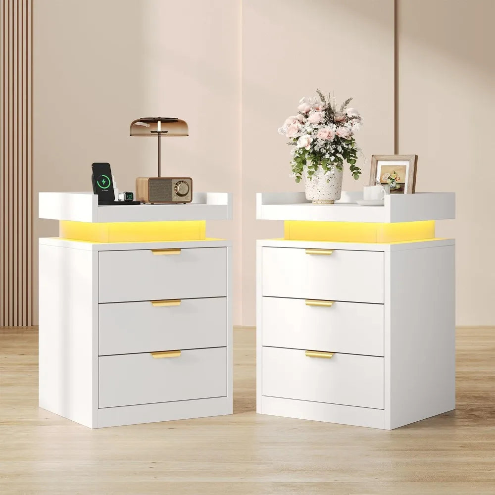 LED End Tables, Set of 2 with Charging Station USB Ports, 3-Drawer Bedside Table with Adjustable, Modern Nightstands for Bedroom