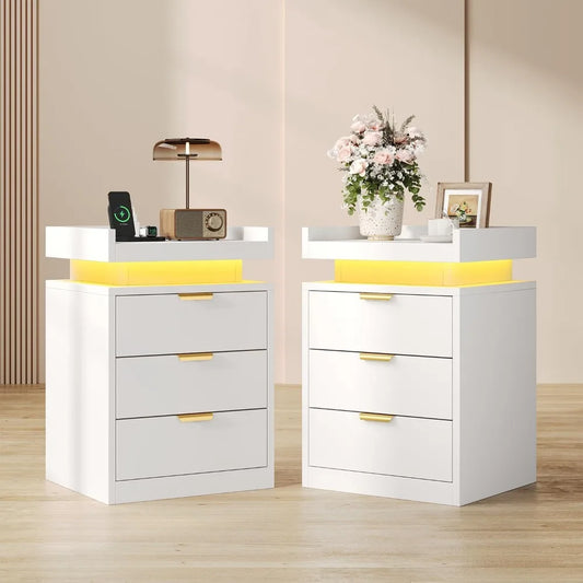 LED End Tables, Set of 2 with Charging Station USB Ports, 3-Drawer Bedside Table with Adjustable, Modern Nightstands for Bedroom