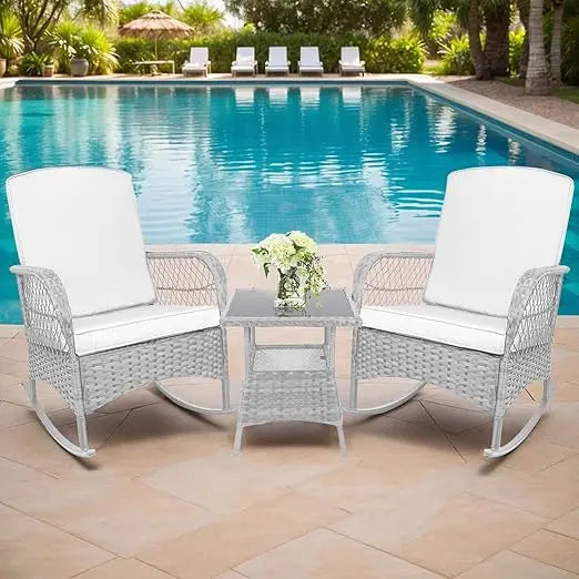 3 pcs Rocking Bistro Set Conversation Chairs PE Wicker Outdoor Rocking Chairs & Glass Table,for Porch Lawn Garden Backyard Deck