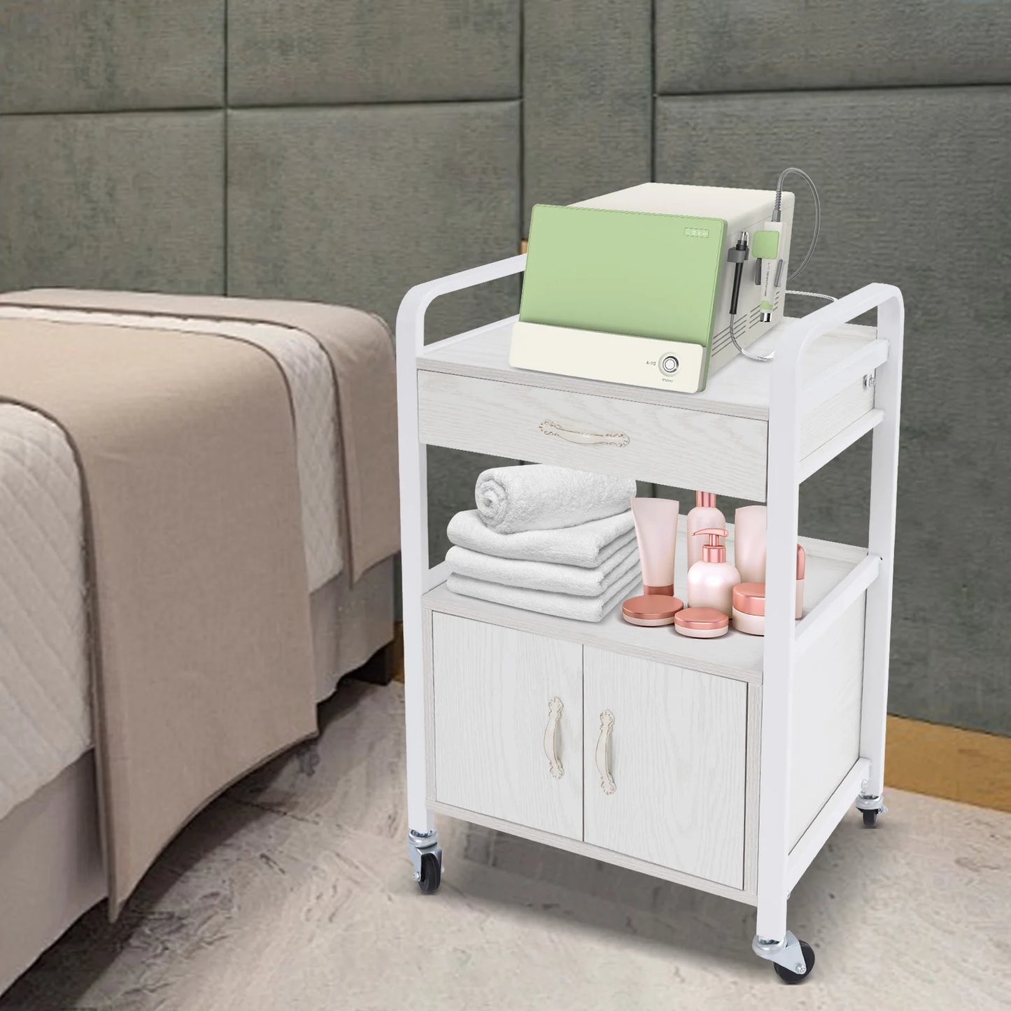 Salon High-density Wood Panels Storage Cart,White Rectangle Free Standing Movable Beauty Organizer