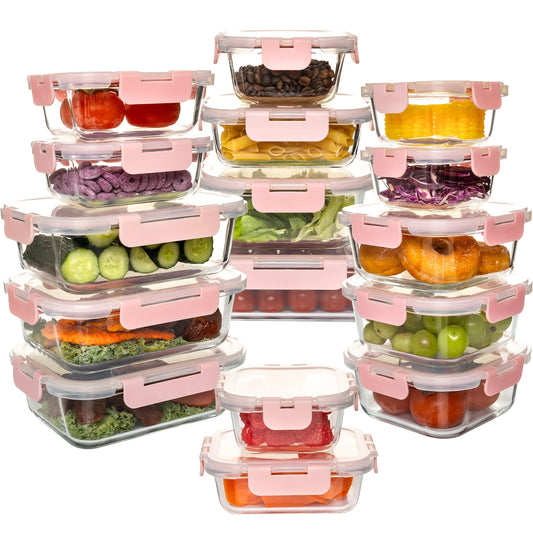 16-Piece Glass Food Storage Containers Set, Leakproof Airtight BPA-Free, Microwave & Oven Safe, Stackable Kitchen Organizers (Multiple colors)