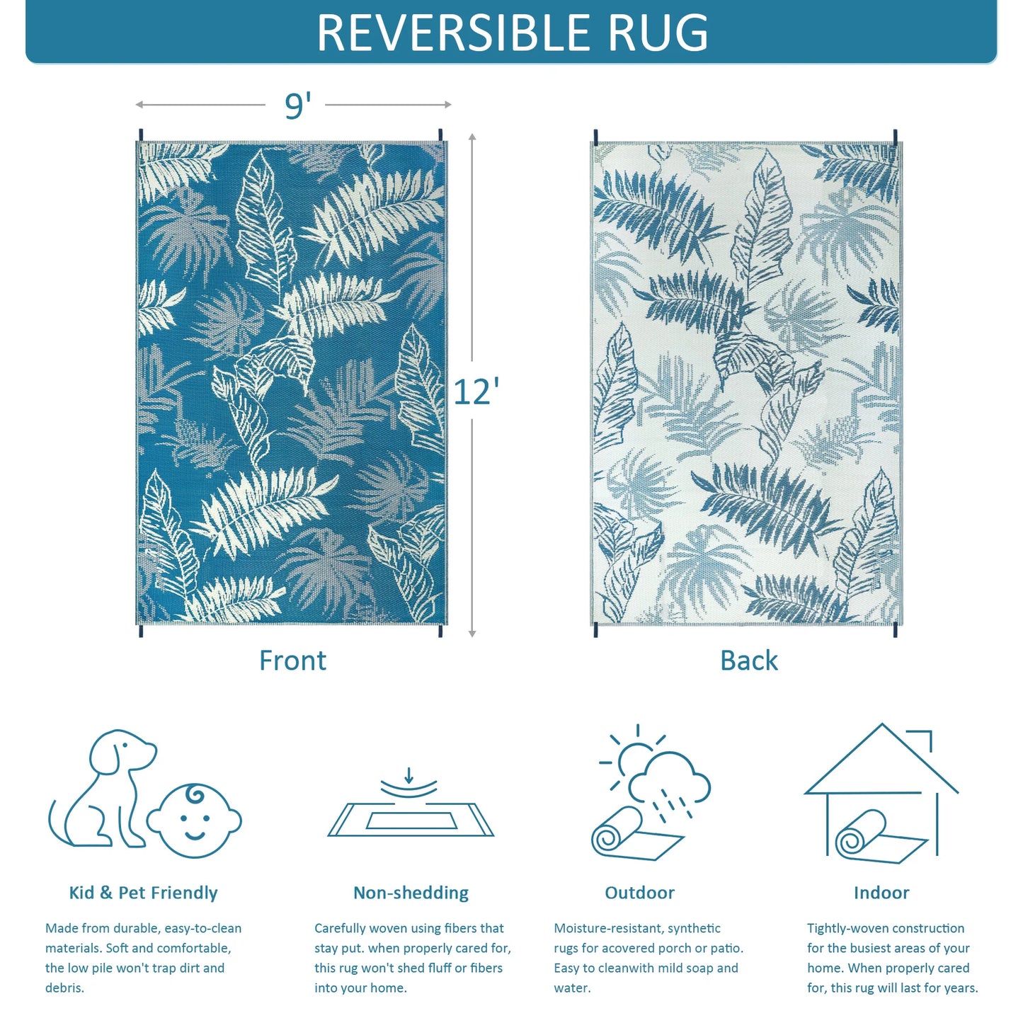 9‘x12' Outdoor Rug Waterproof Recycled Plastic Straw Rug Patio Rug Indoor Outdoor Carpet for Patio Deck Camping RV Beach