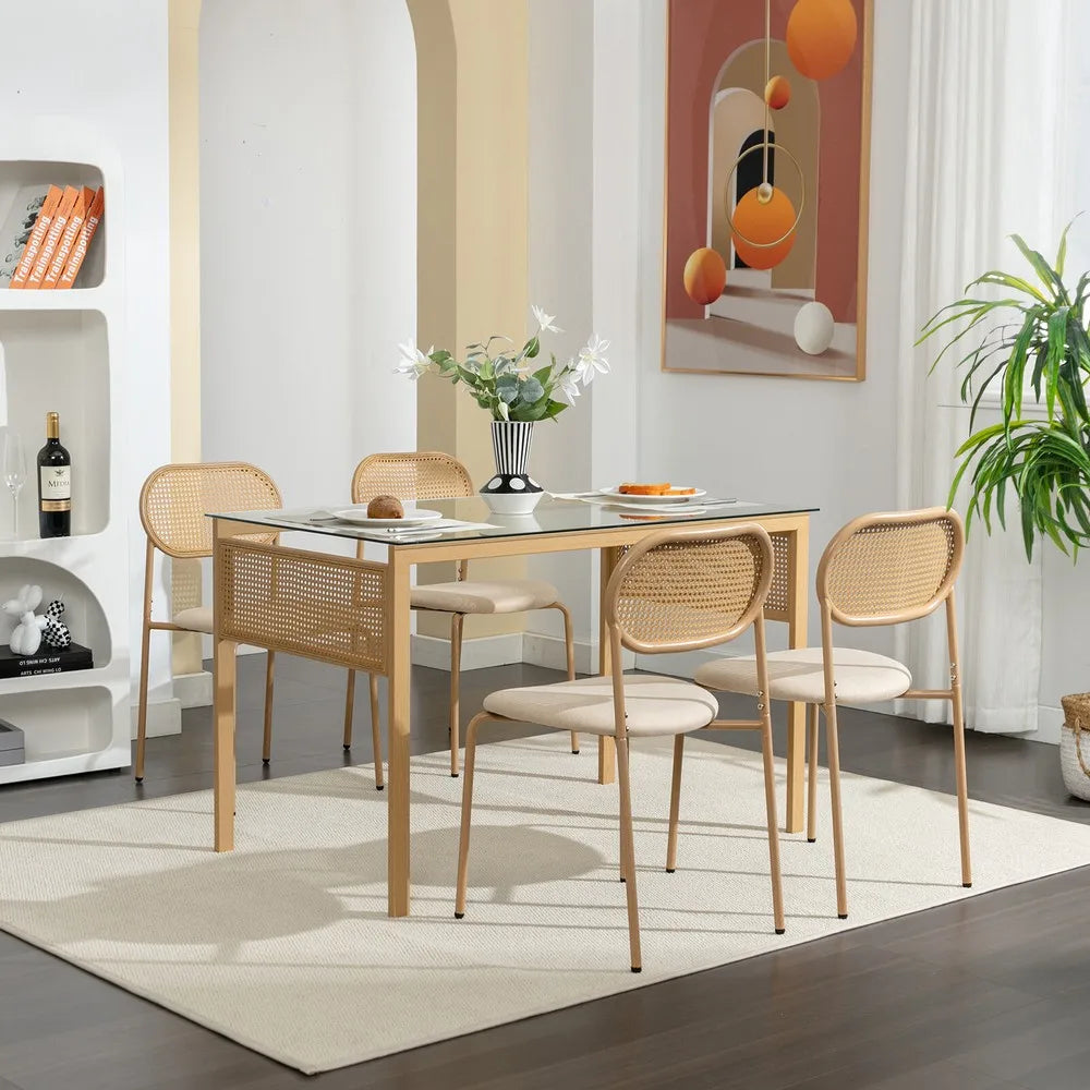 5PC Boho Dining Set,Glass Table & 4 Chair w/Rattan,Metal Leg Kitchen Living Room