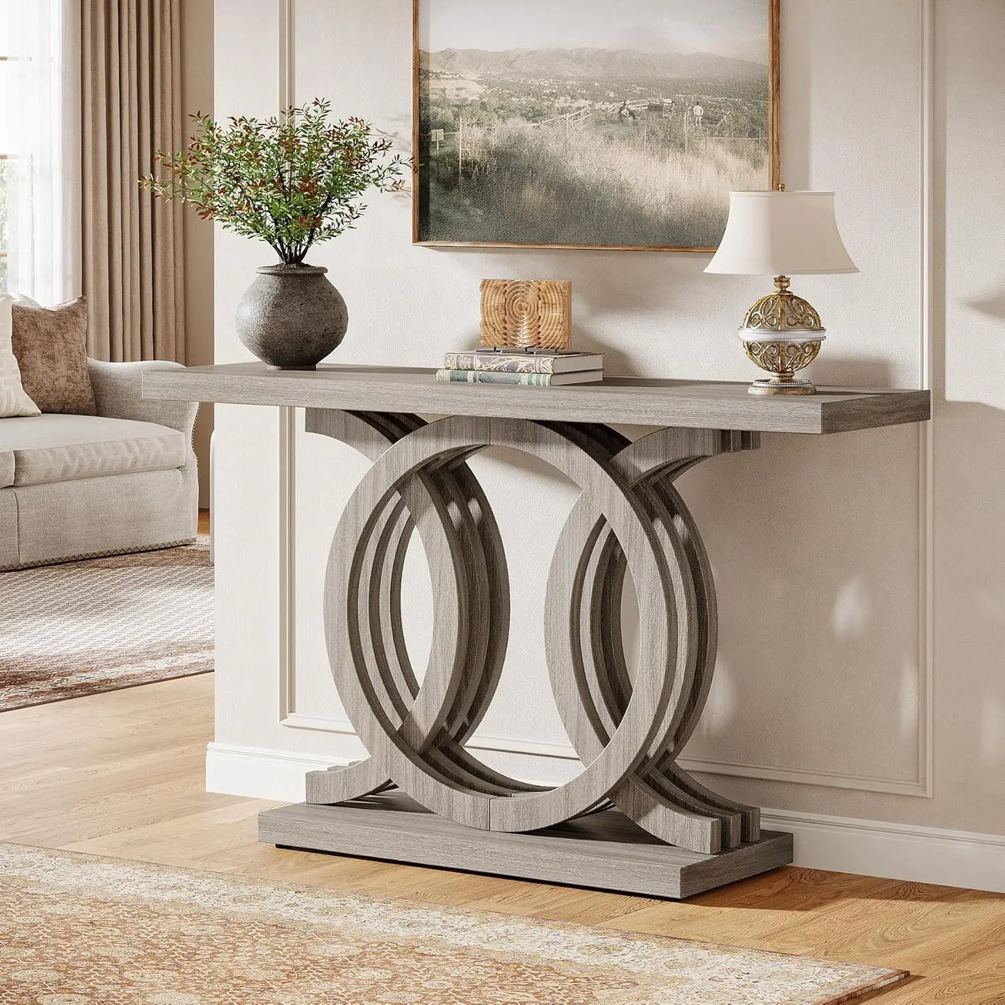 55-Inch Console Table with Geometric Wood Base,Modern Entryway Table with Thick Tabletop for Living Room, Hallway, Foyer (Gray)(Multiple colors)