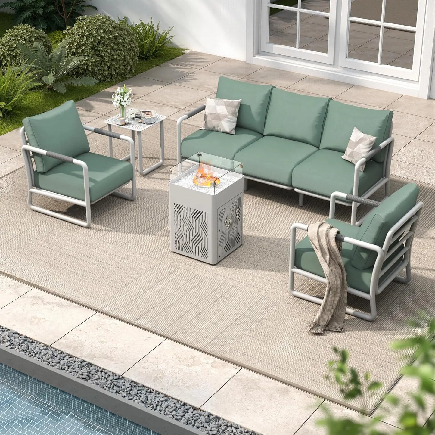 Outdoor Aluminum Patio Furniture Set, 5-Seats Patio Conversation Sofa Set with 45,000 BTU Fire Pit Table w/Glass Wind Guard