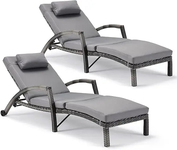 Wicker Chaise Lounge Set of 2, Pool Lounge Chair with Side Table, Outdoor Reclining Lounger Chair with Wheels 5-Level Adjustable (Multiple colors)