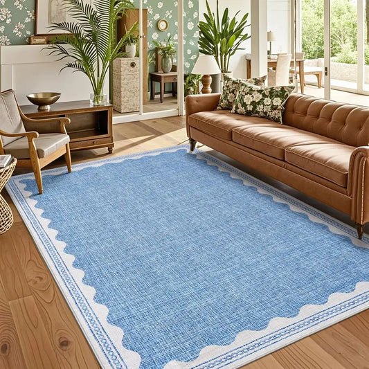 5x7 Rug for Living Room, Scalloped 5 X 7 Area Rugs Washable NonSlip Solid Blue Modern Minimalism LowPile Carpet for Bedroom, Dining room