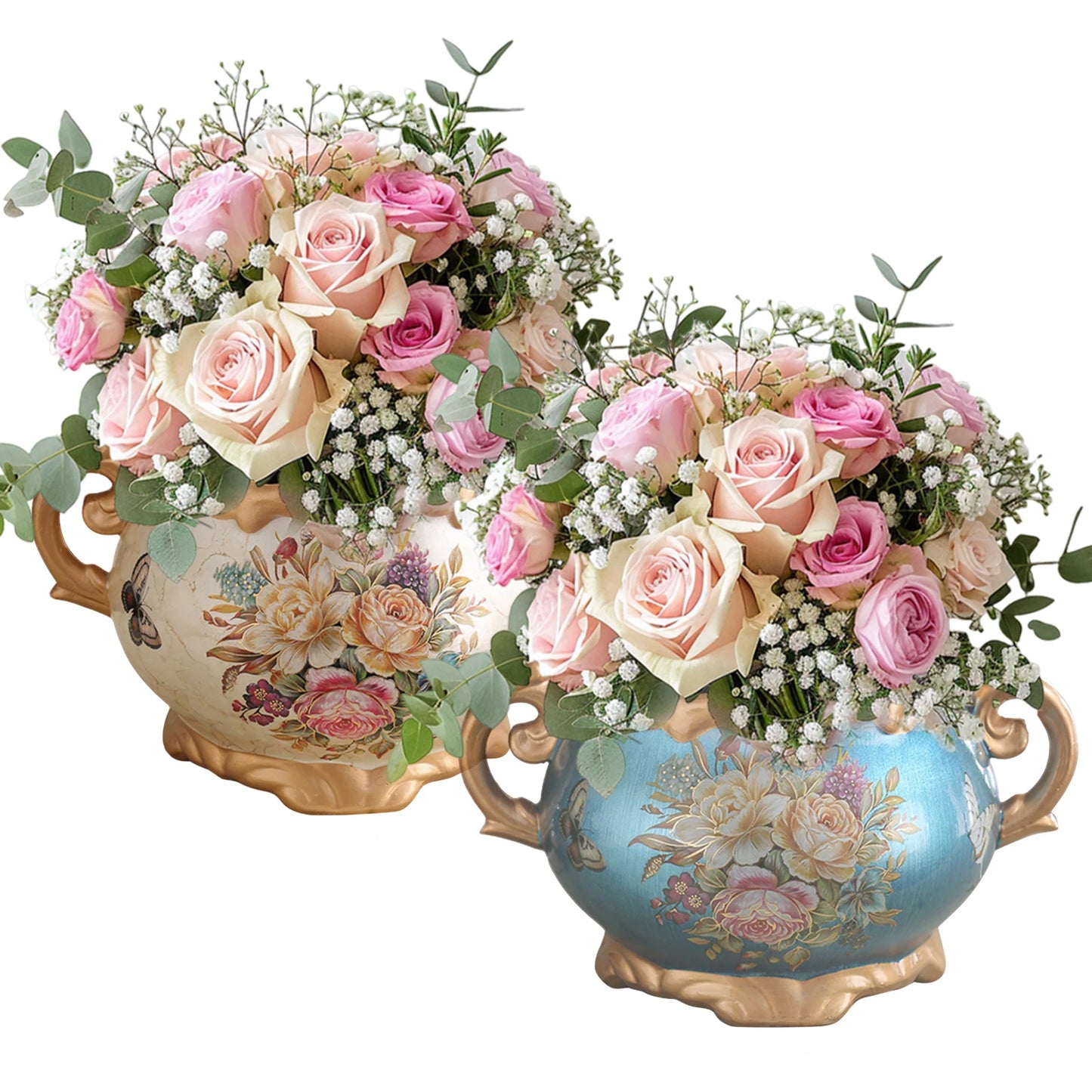 Europe Retro Ceramic Vase with Handle Desktop Flower Arrangement Vase for Home Living Room Dining Room Office Bookshelf