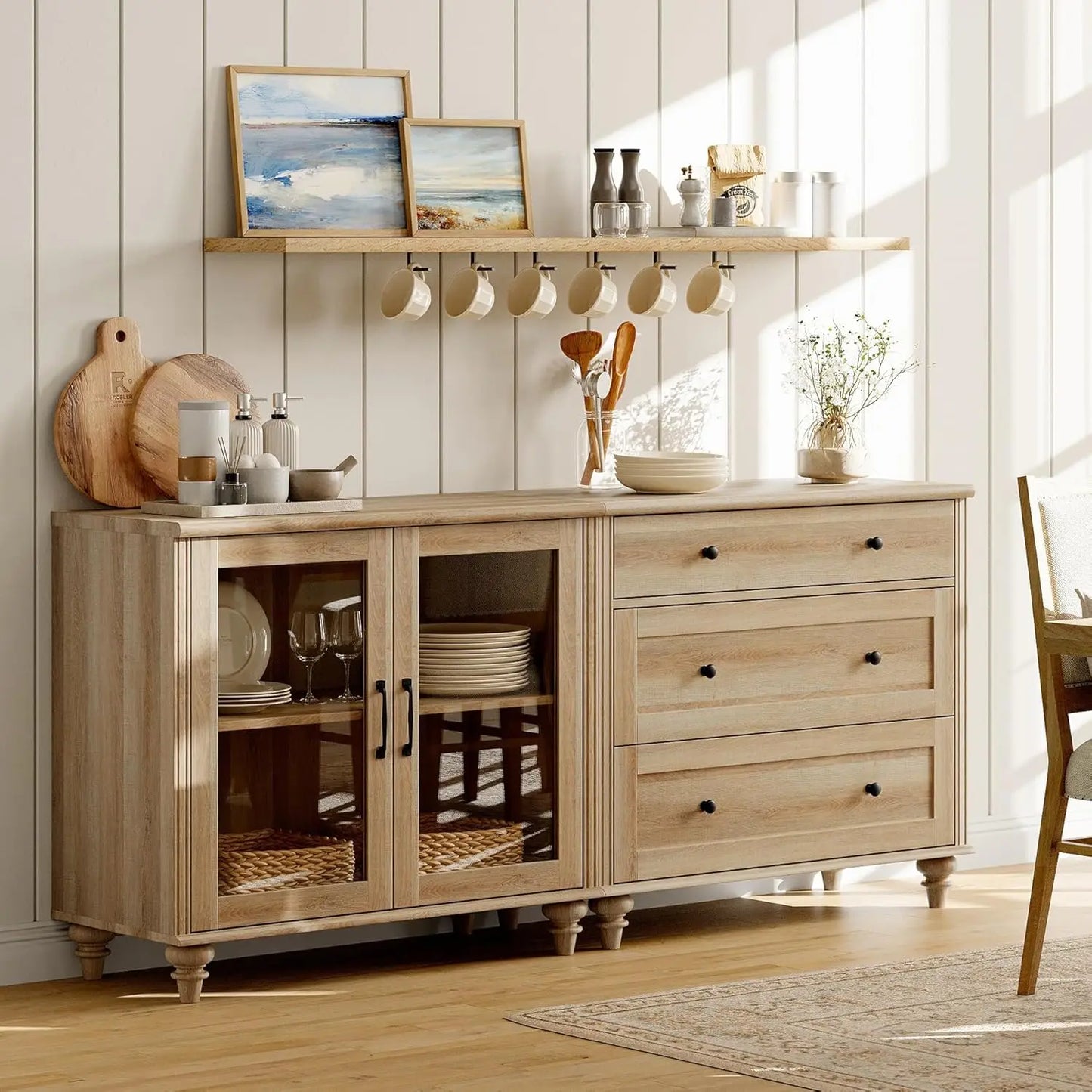WAMAPT Sideboard Cabinet with Bar Hutch, Moderan Farmhouse Buffet Cabinet with 2 Glass Doors and 3 Drawers,Light Oak