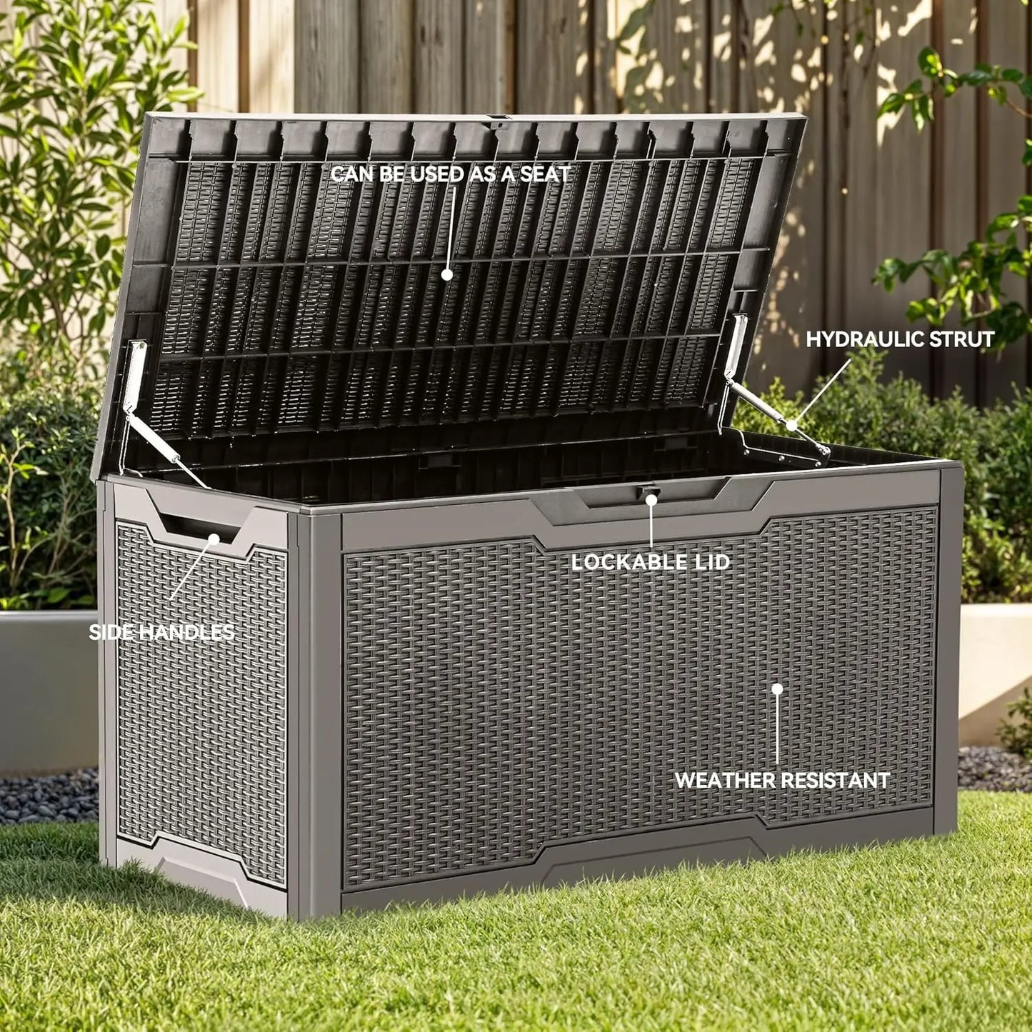 100 Gallon Resin Deck Box, Weather Resistant Outdoor Storage Box, Lockable Indoor Outdoor Storage for Supplies and Essentials