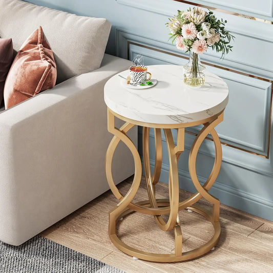 Round End Table - Multifunctional Accent Side Table, Modern White Gold Nightstand With Faux Marble Tabletop, Bedside for Bedroom