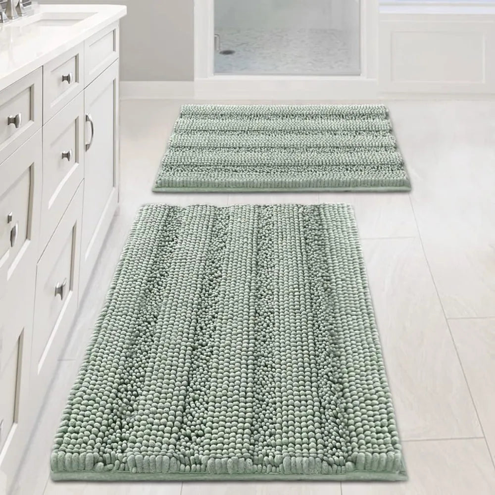 Sage Bathroom Rugs, Bath Mat Set of 2 Extra Thick Chenille Striped Pattern Shaggy Bath Rugs for Bath Room, Non Skid