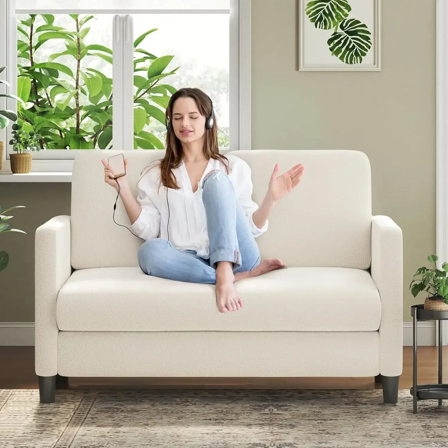 51" Sofa, Small Sofa Couch, Comfy Teddy Love Seat, Beige, No Pillow, Small Spaces, Small Couch for Bedroom