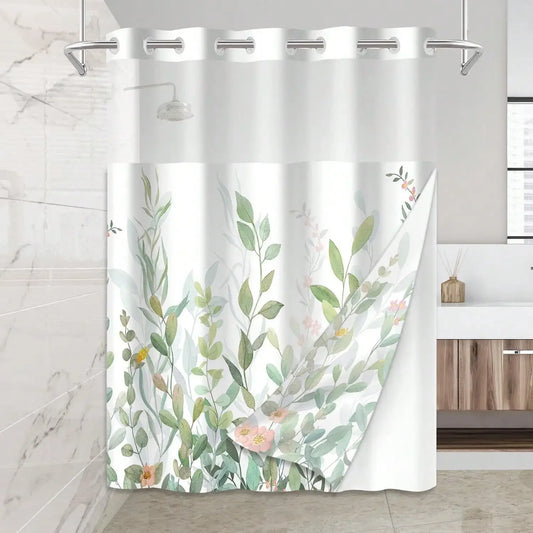 Plants Pattern No Hook Waterproof Shower Curtain, Removable With , Perfect For Bathroom Decor In Winter,  Modern & Simple Design