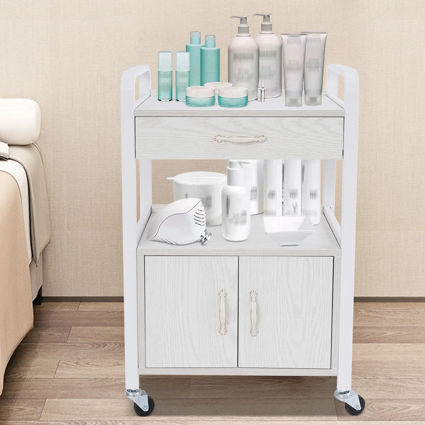 Salon High-density Wood Panels Storage Cart,White Rectangle Free Standing Movable Beauty Organizer