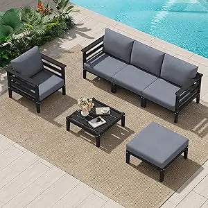 HDPE Patio Furniture Set, 6 Pieces Outdoor Sectional Sofa Set, All-Weather Wood-Like Outdoor Sofa Couch with Coffee Table