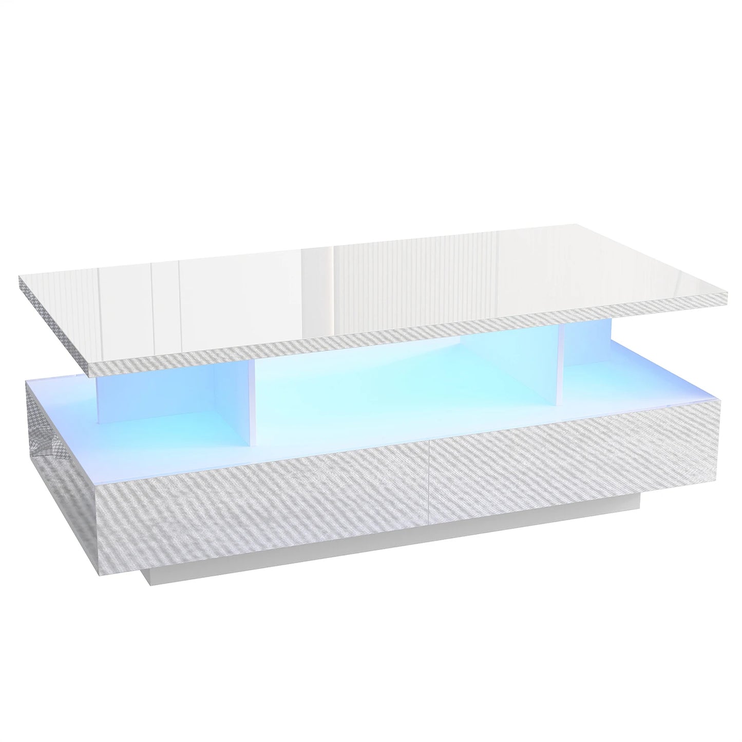43 Inch LED Coffee Table w/2 Storage Drawers, Modern High Gloss Coffee Table w/Display Shelf, Rectangle 2-Tier Center Table (Multiple colors)
