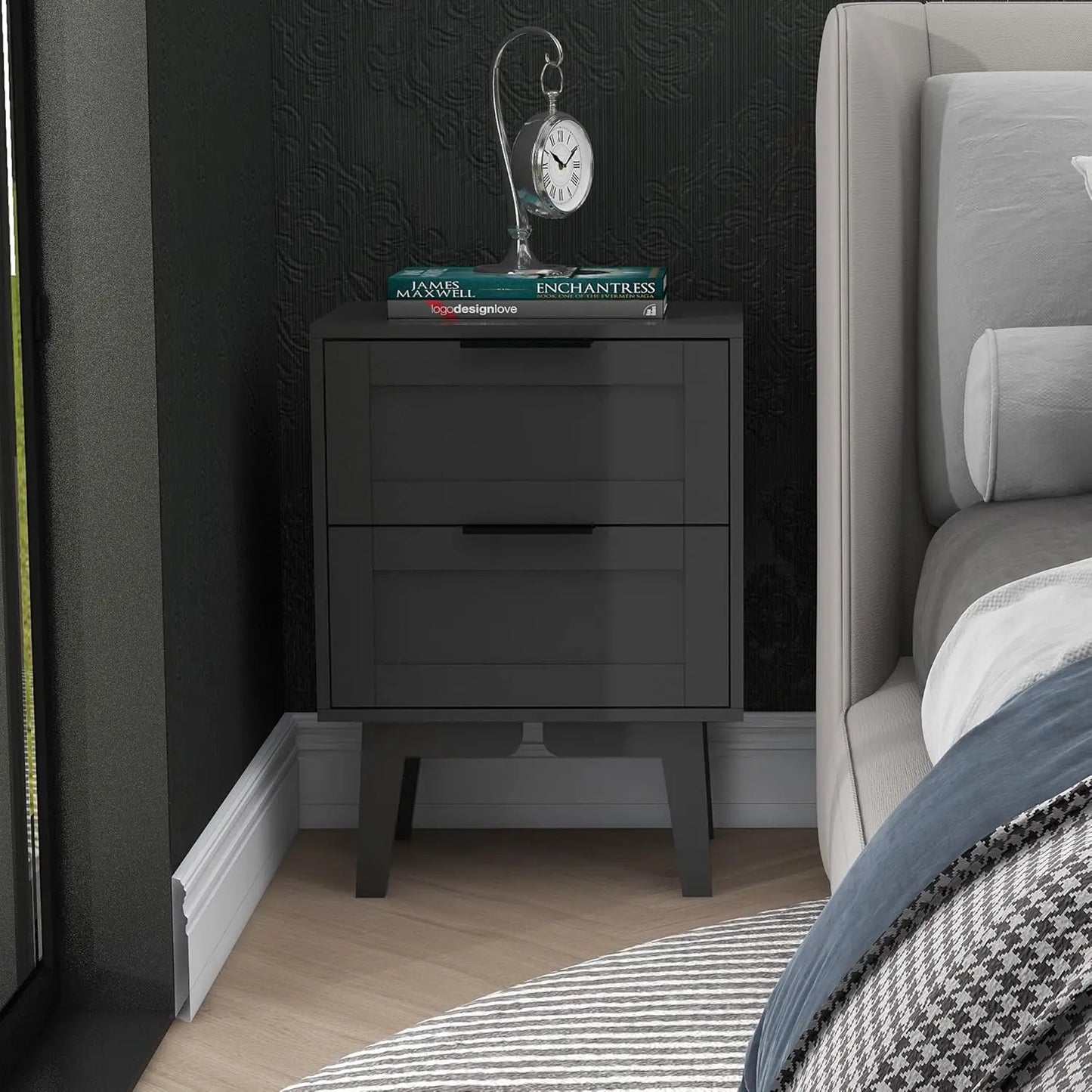 Modern Black Night Stand with Drawer Mid Century Wooden Nightstand Bedside Table End Table with Storage for Bedroom