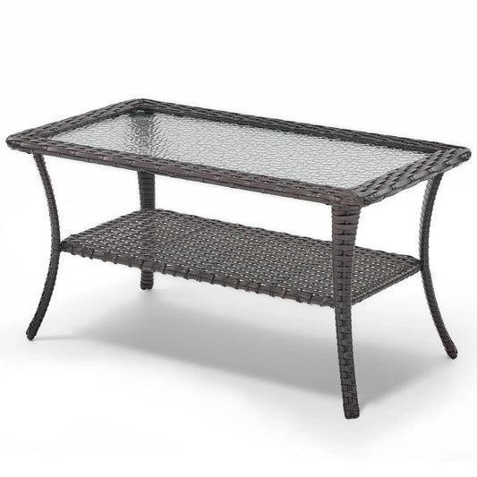 Rattan Wicker Coffee Table with Tempered Glass Top 2-Tier Storage for Patio Deck Balcony Garden, Customized