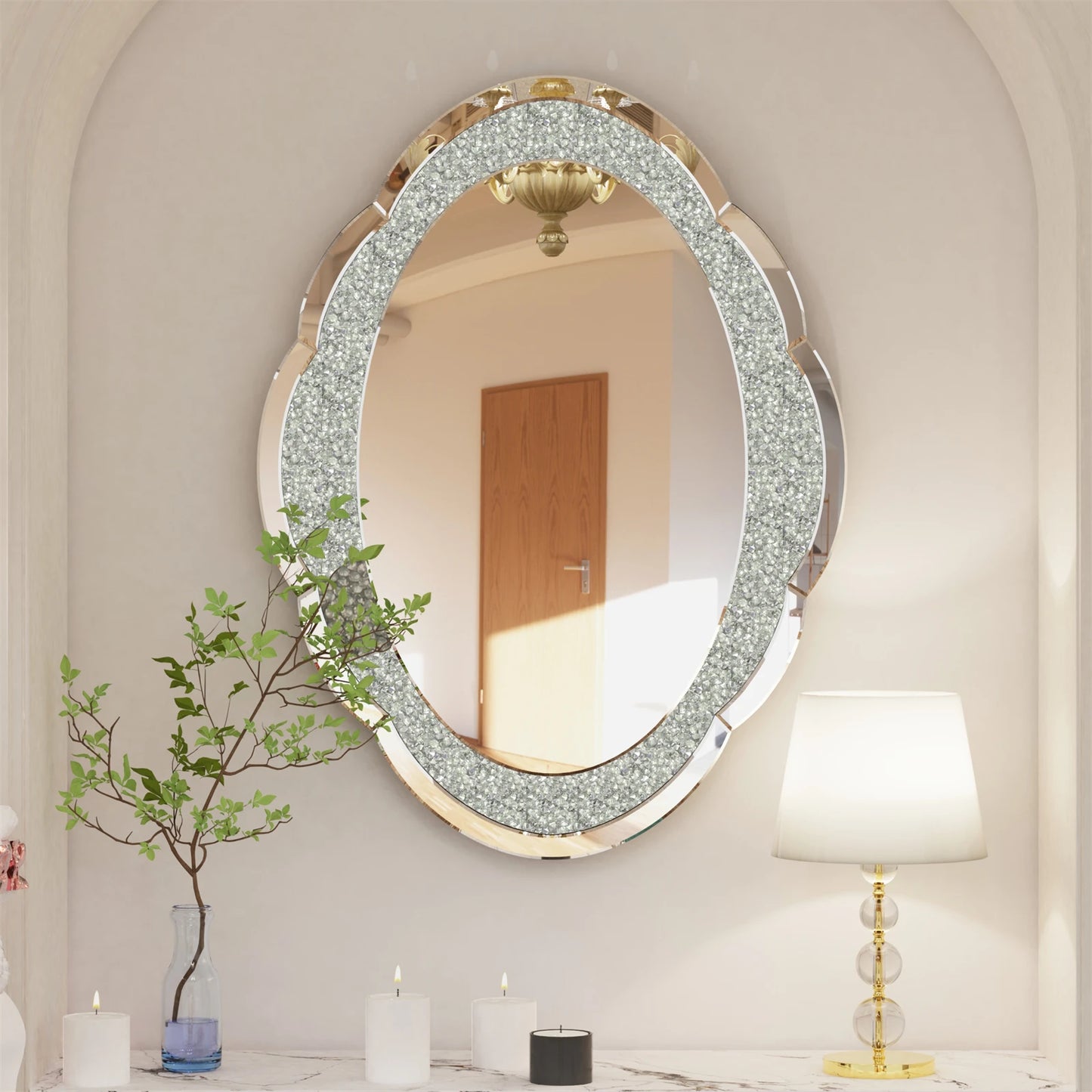 Decor Wall Mirror Arch Crystal Crushed Diamonds Vanity Accent Mirror  600x800mm for Entryway Hallway, Bedroom,Hotel Wall Decor