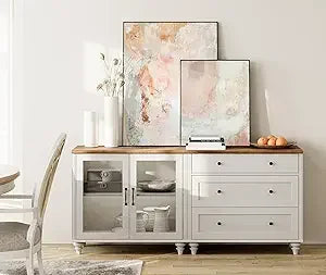 WAMAPT Sideboard Cabinet with Bar Hutch, Moderan Farmhouse Buffet Cabinet with 2 Glass Doors and 3 Drawers,Light Oak