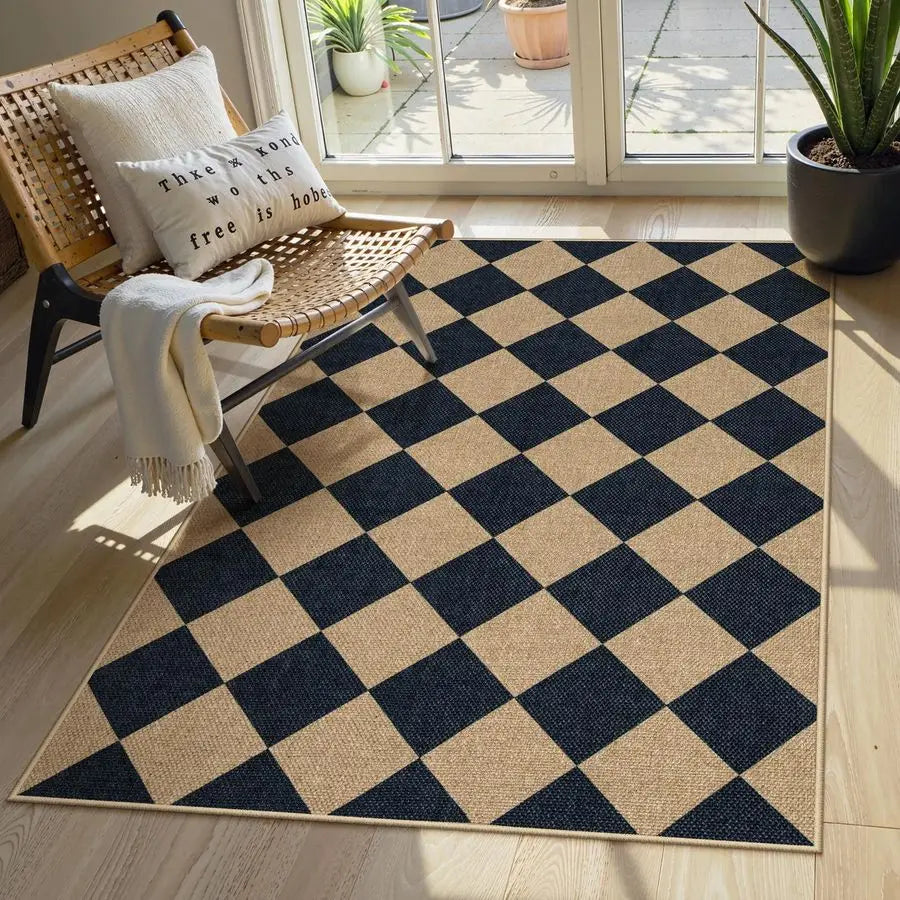 Checkered Easy Jute 3x5 Outdoor Patio Rug, Washable Rugs for Entryway Diamond Indoor Outdoor Living Room Carpet