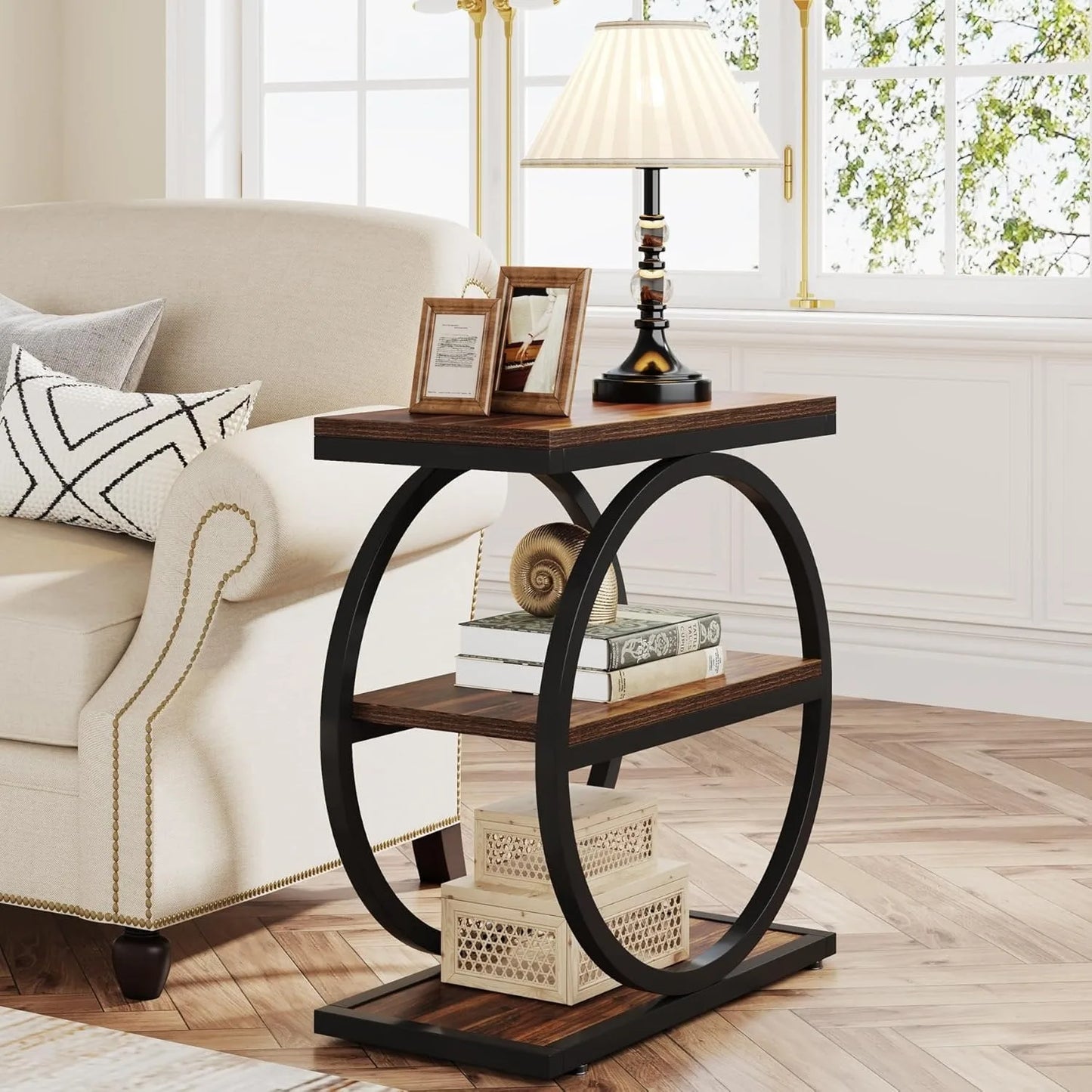 End Table with 3 Storage Shelves, Industrial Small Sofa Side Table, Slim Nightstand and Bedside Table (Grey and Brown)