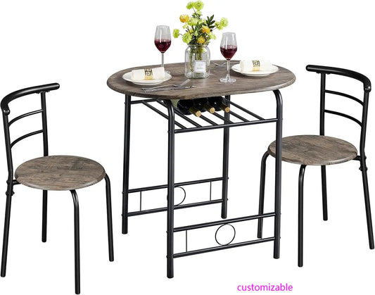 3 Piece Dining Table Set, Kitchen Table & Chair Sets for 2, Compact Bistro Table Set with Steel Legs, Built-in Wine Rack