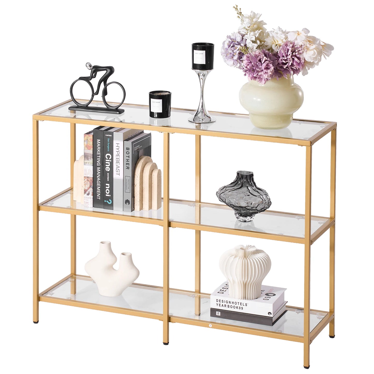SucceBuy Glass Console Table Modern Rectangle Sofa Side Table with Tempered Glass Top and Iron Legs Consloe Desk for Living Room
