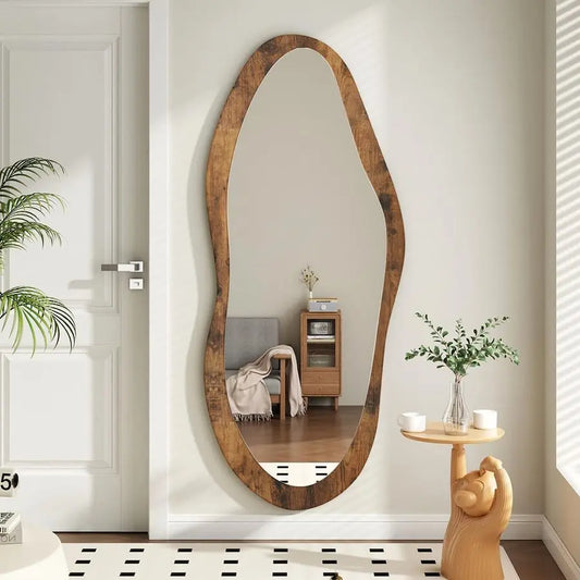Large Mirrors with Wood Framed 47x20 Vintage Irregular Wall Mirror Full Length Asymmetrical for Bathroom Bedroom Living Room