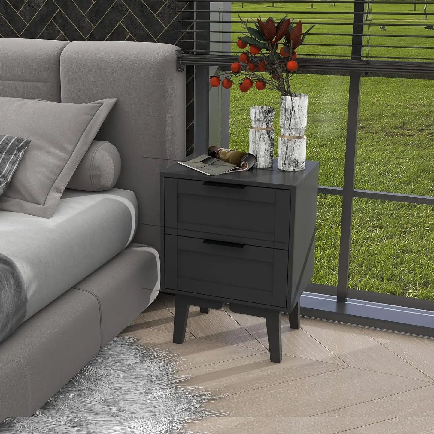 Modern Black Night Stand with Drawer Mid Century Wooden Nightstand Bedside Table End Table with Storage for Bedroom