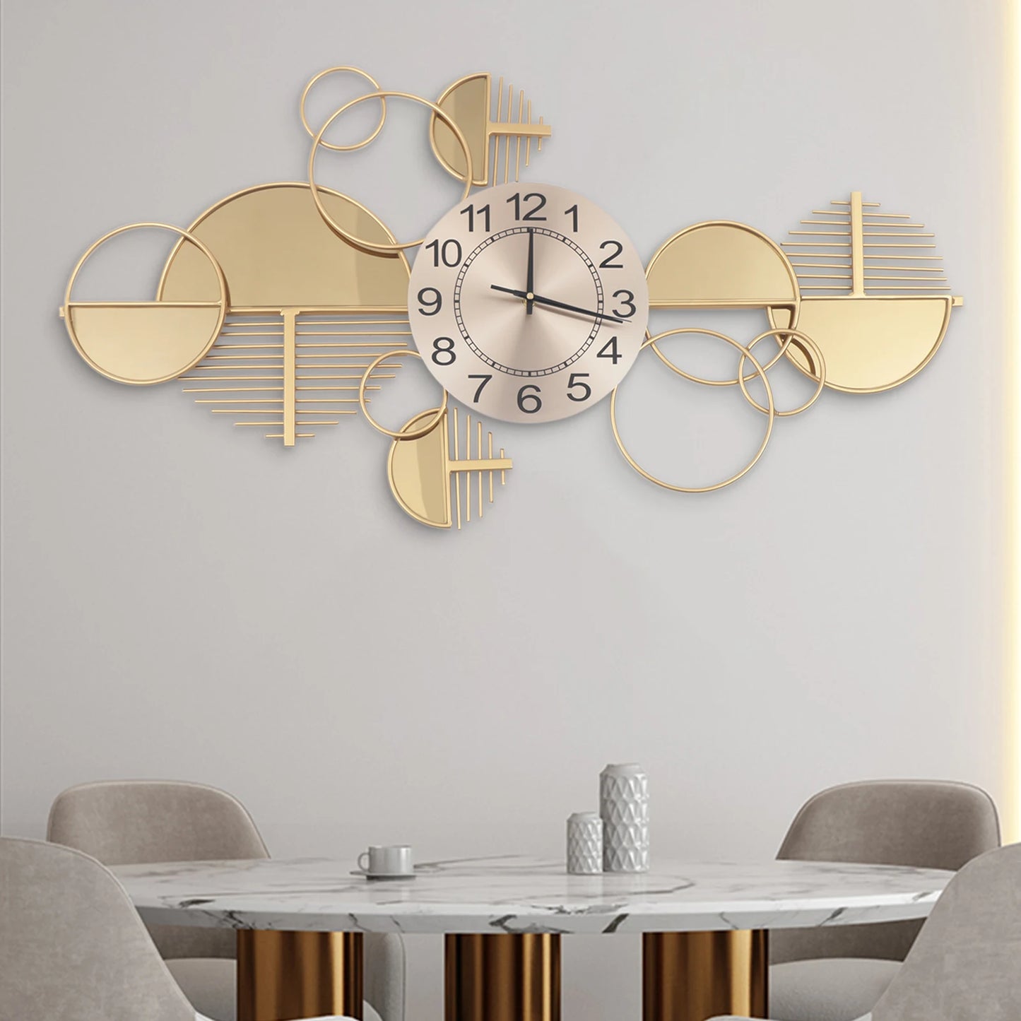 Stylish Modern Gold Metal Wall Clock - Elegant Silent Non-Ticking Glass Decor for Home & Office, Bedroom Large Decorative Clock