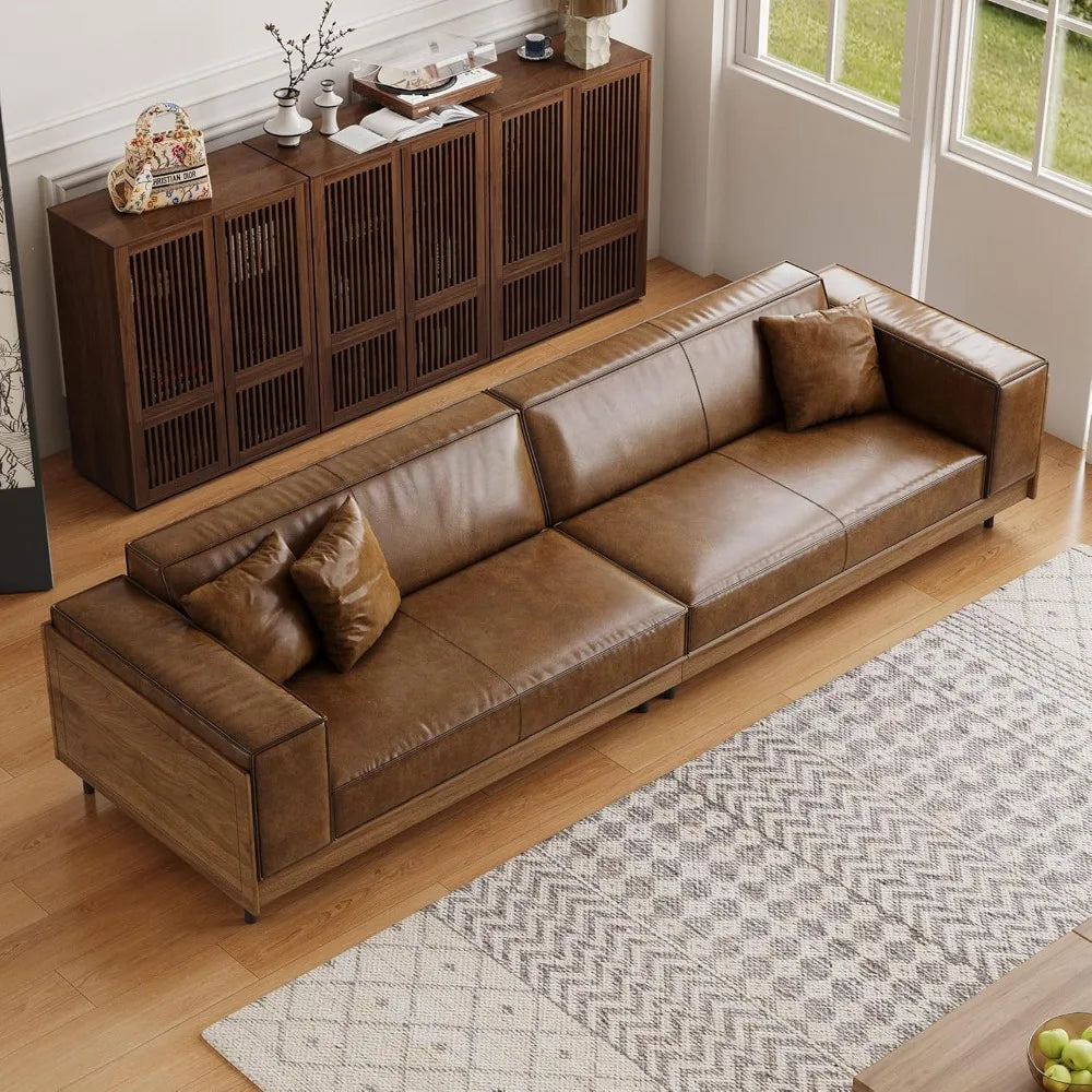 Mid-Century Modern Leather Sofa 111.81 with Wooden Accents on Sides & Back, Spacious 3 - Seat Couch for Living Room, Bedroom