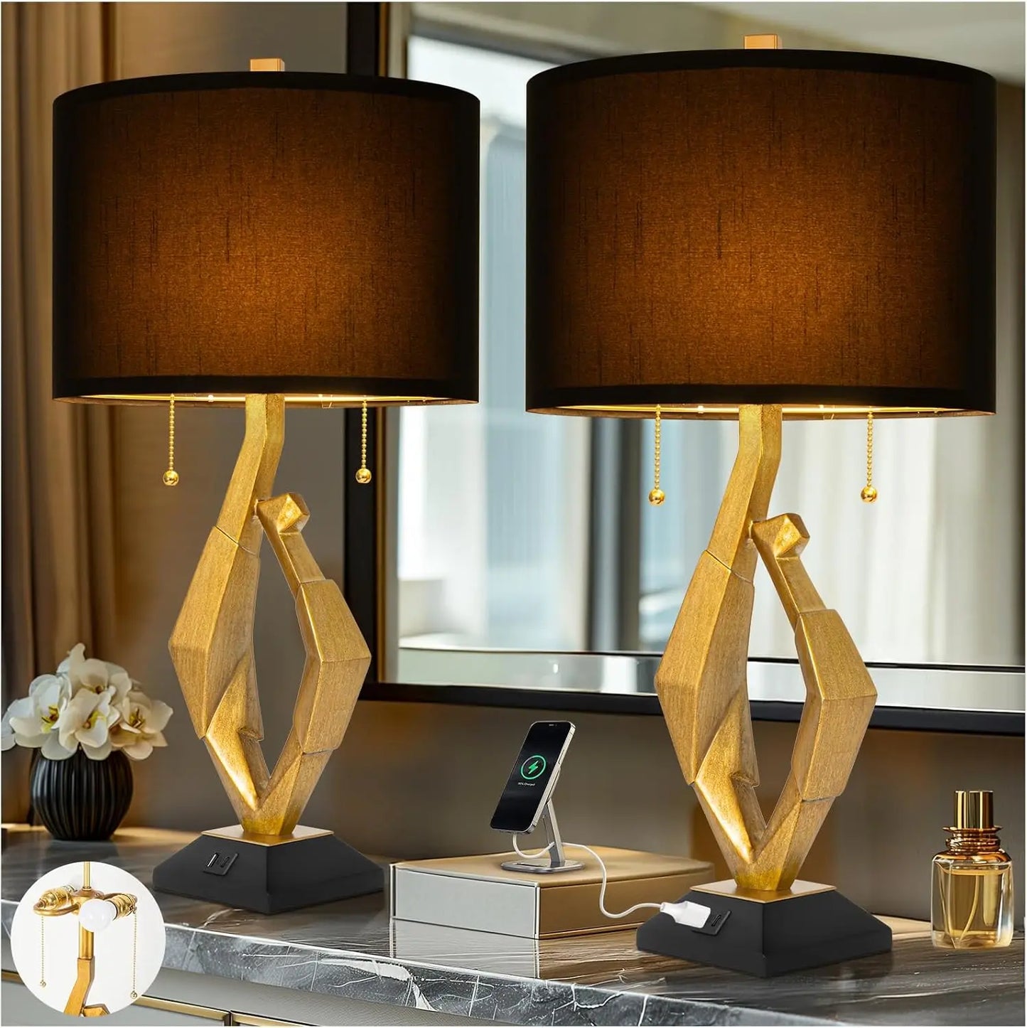 Table Lamp Set of 2 with USB Ports For Living Room, Gold Leaf Finish Farmhouse Bedside Lamps with S Cluster Pull Chains Switch