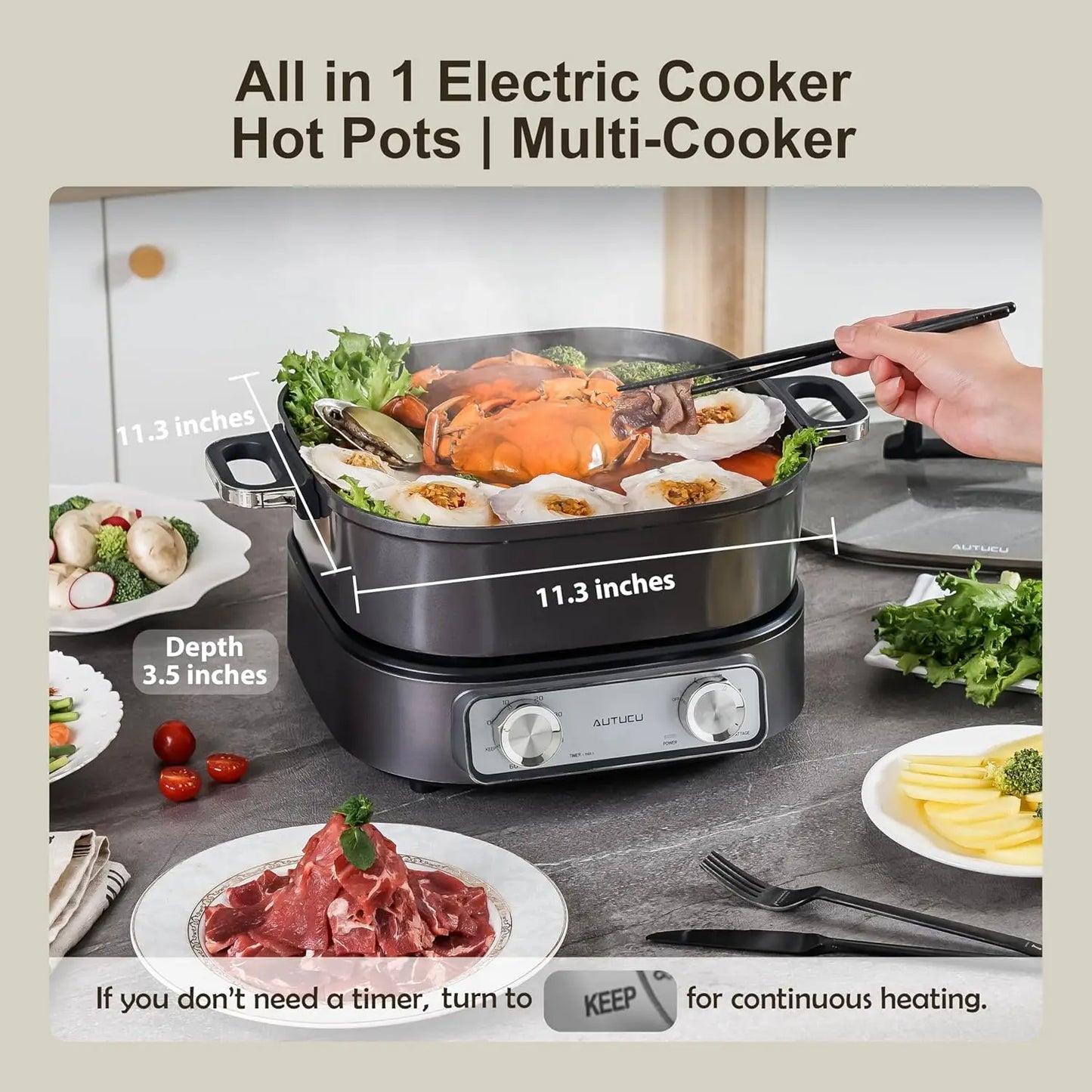 Electric Hot Pot 6-Quart & Multi-Cooker | Non-Stick Electric Skillet with PFOA-Free Ceramic-Coated Pot, 3 Power Settings & Timer
