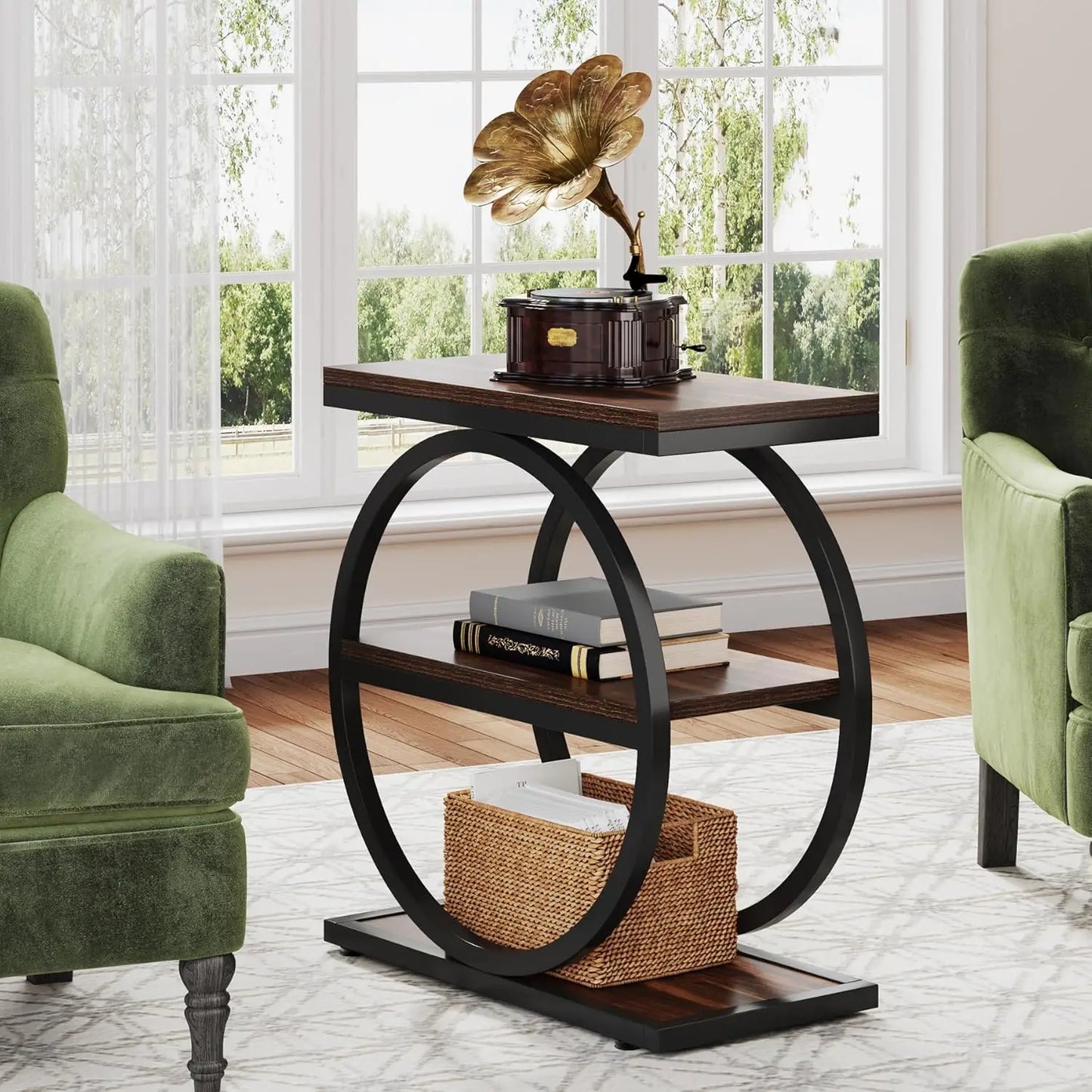End Table with 3 Storage Shelves, Industrial Small Sofa Side Table, Slim Nightstand and Bedside Table (Grey and Brown)