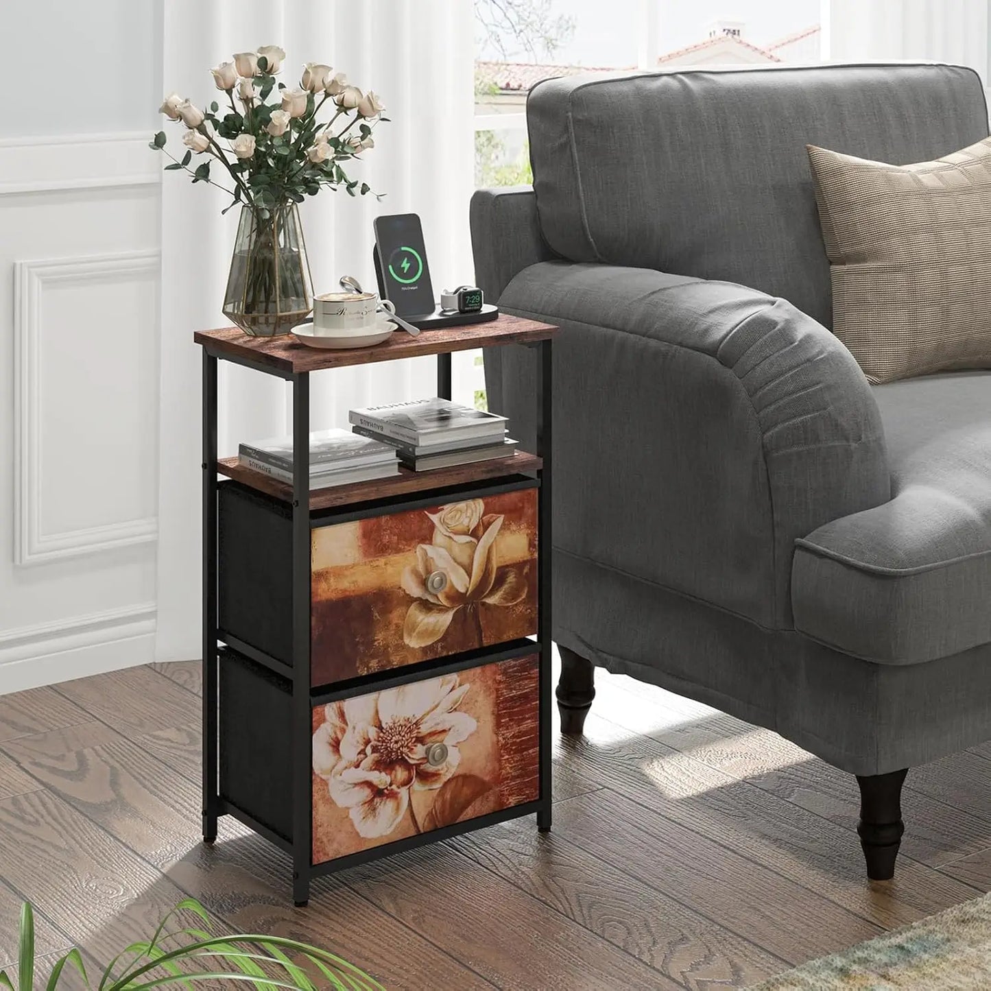 nightstand Set of 2 with Charging Station, LED Bedside Table w/USB Ports & Outlets,End Table w/2 Fabric Drawers and Open Shelf