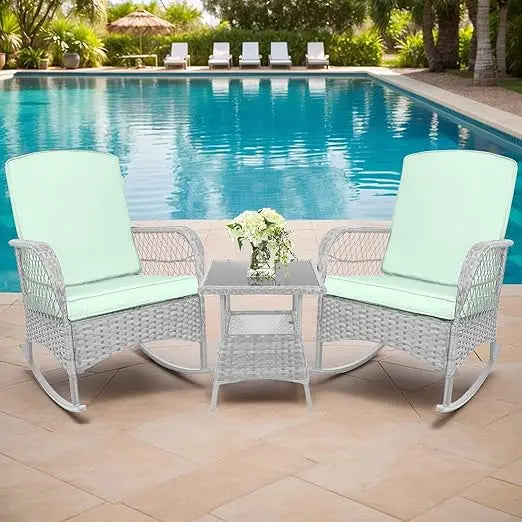 3 pcs Rocking Bistro Set Conversation Chairs PE Wicker Outdoor Rocking Chairs & Glass Table,for Porch Lawn Garden Backyard Deck