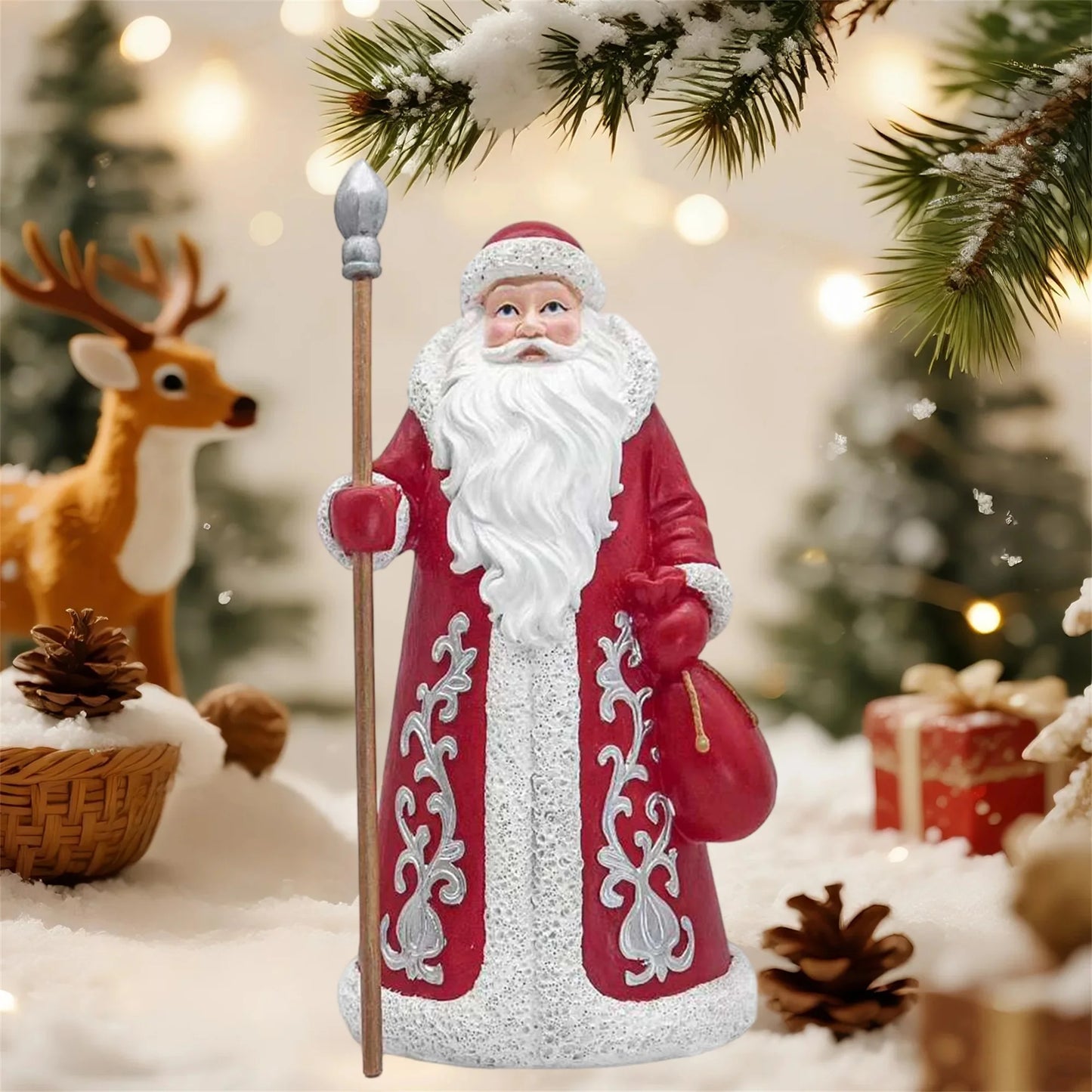 Resin Santa Claus Figurine Holding Staff and Gift Bag Statue for Christmas Home Office Holiday Party Desktop Decor