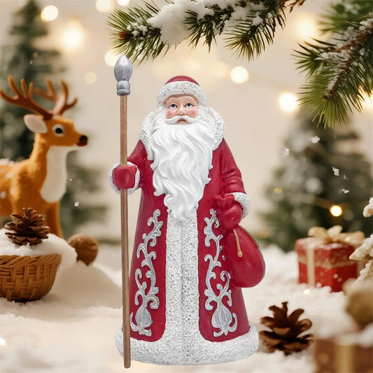 Resin Santa Claus Figurine Holding Staff and Gift Bag Statue for Christmas Home Office Holiday Party Desktop Decor