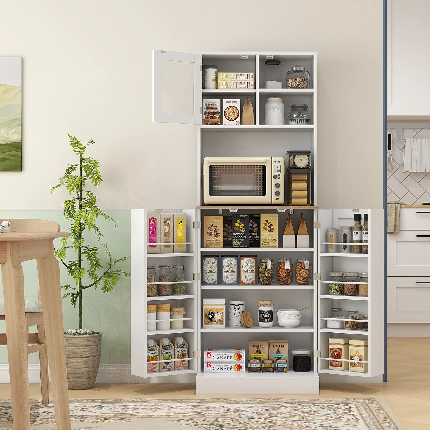 HOMCOM 66.5" Tall Kitchen Pantry Storage Cabinet with Microwave Stand White